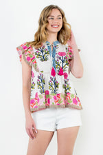 Flutter Sleeve Print Tassel Tie Top - Multi