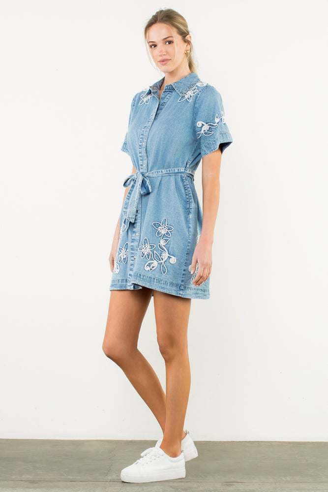 Embroidered Flower Denim Dress