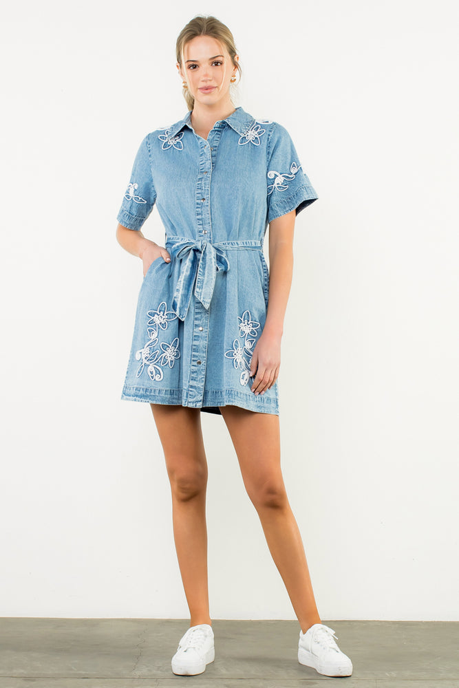 Embroidered Flower Denim Dress