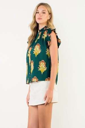 Flutter Sleeve Floral Detail Top - Green