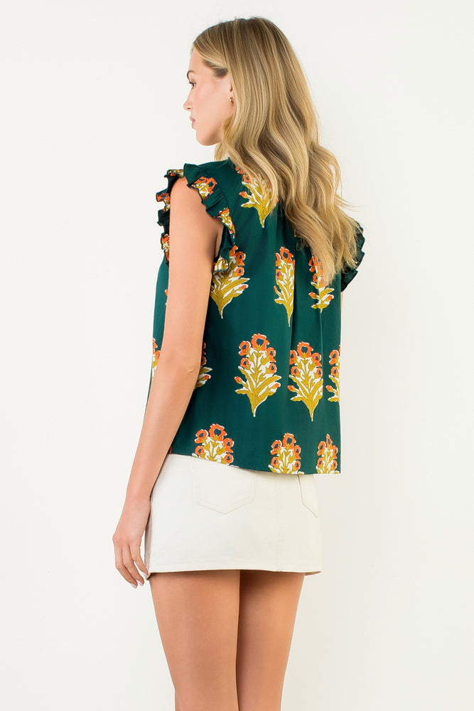 Flutter Sleeve Floral Detail Top - Green