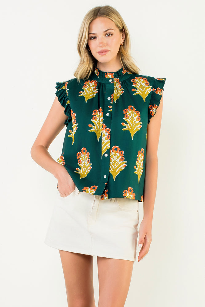 Flutter Sleeve Floral Detail Top - Green