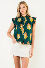 Flutter Sleeve Floral Detail Top - Green