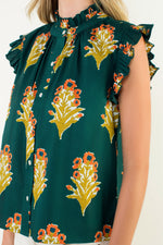 Flutter Sleeve Floral Detail Top - Green
