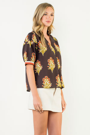 Short Sleeve Floral Detailed Top - Brown
