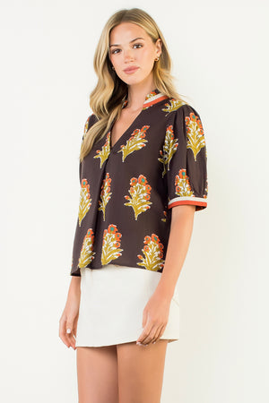 Short Sleeve Floral Detailed Top - Brown