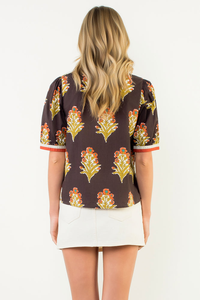 Short Sleeve Floral Detailed Top - Brown