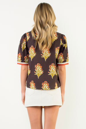 Short Sleeve Floral Detailed Top - Brown