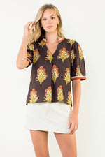 Short Sleeve Floral Detailed Top - Brown