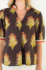 Short Sleeve Floral Detailed Top - Brown