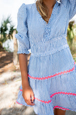 V-Neck Smocked Waist Dress Seersucker Blue/White Stripe
