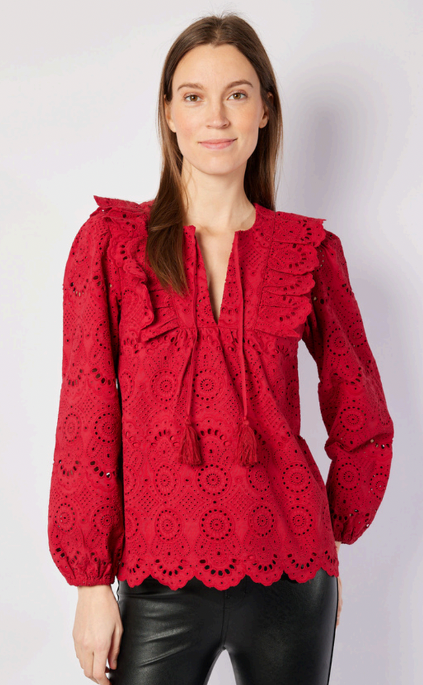 Ruffle Front Top with Tassels - Chili Pepper