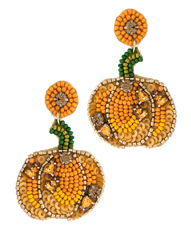 Beaded Pumpkin Dangle Earrings - Orange