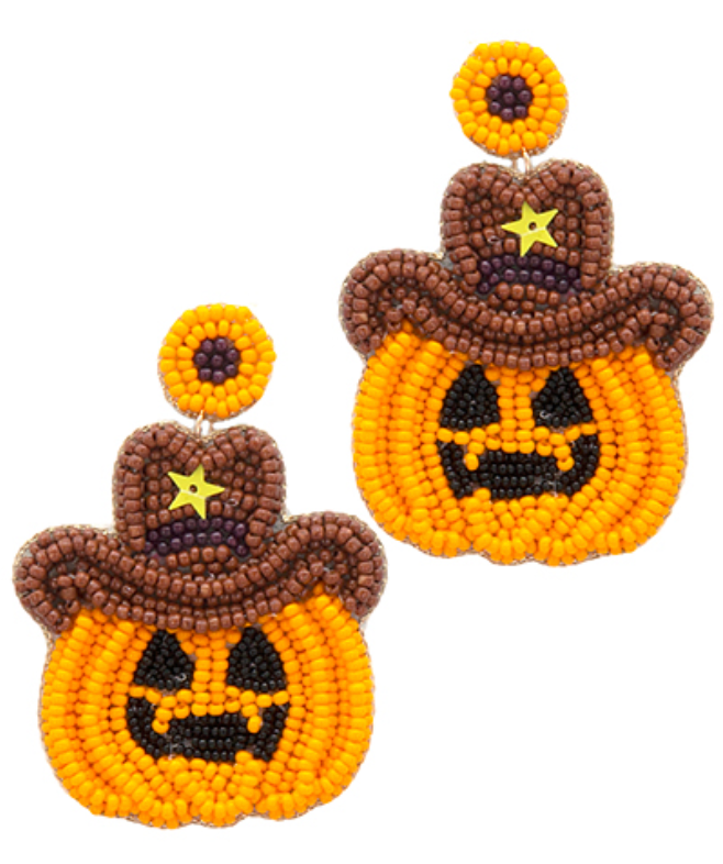 Halloween Cowboy Pumpkin Earrings - Yellow