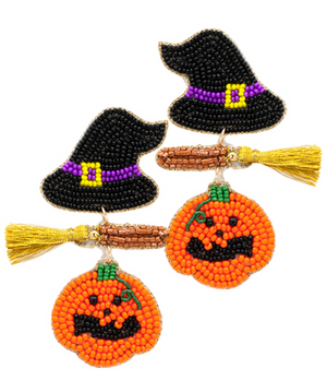 Halloween Broom & Witch Hat Earrings - Orange