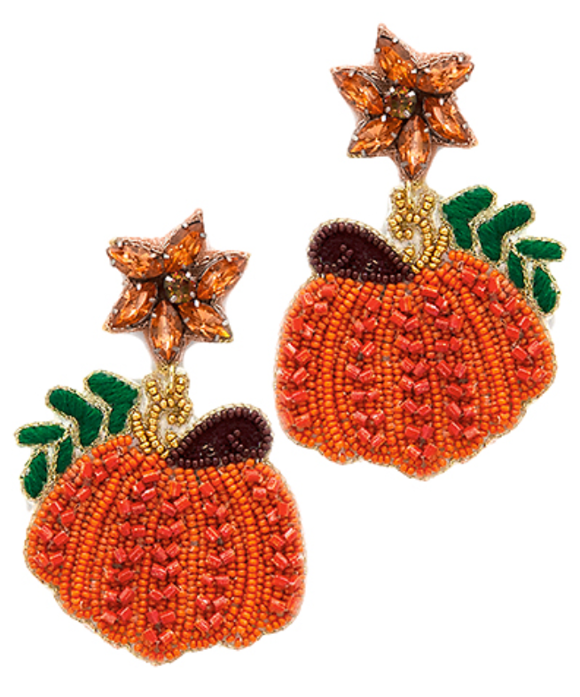 Pumpkin & Leaf Bead Earrings - Orange