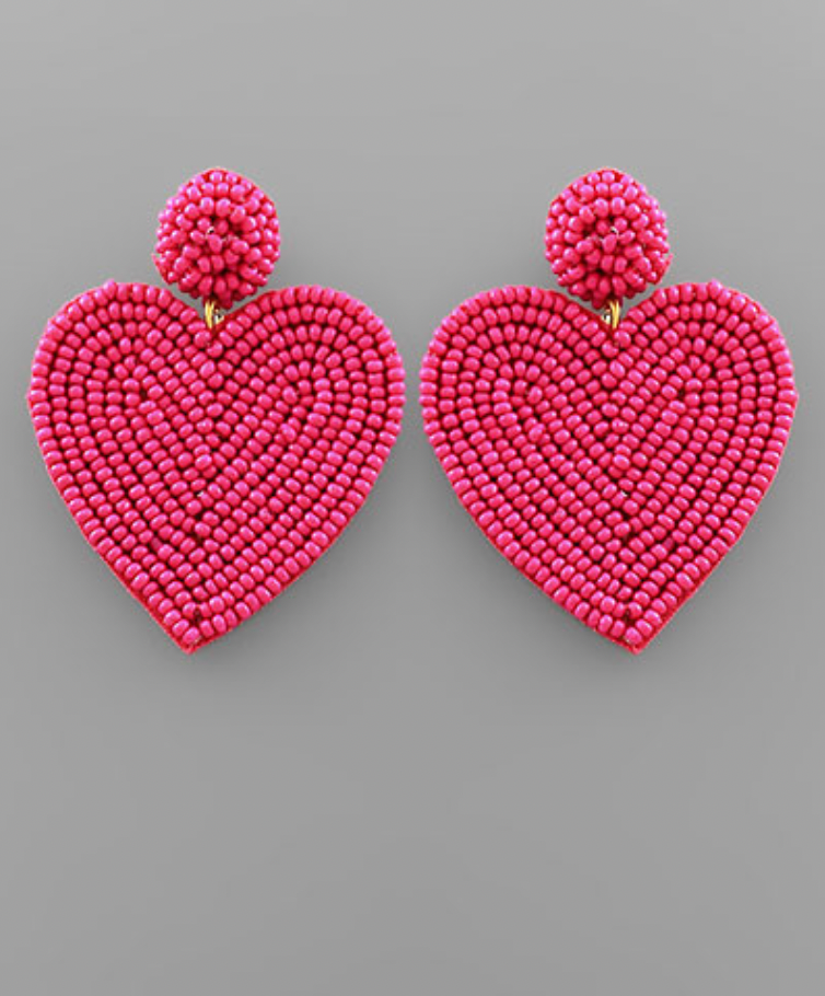 Seed Bead Heart Earrings - Fuchsia