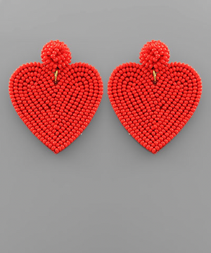 Seed Bead Heart Earrings - Red