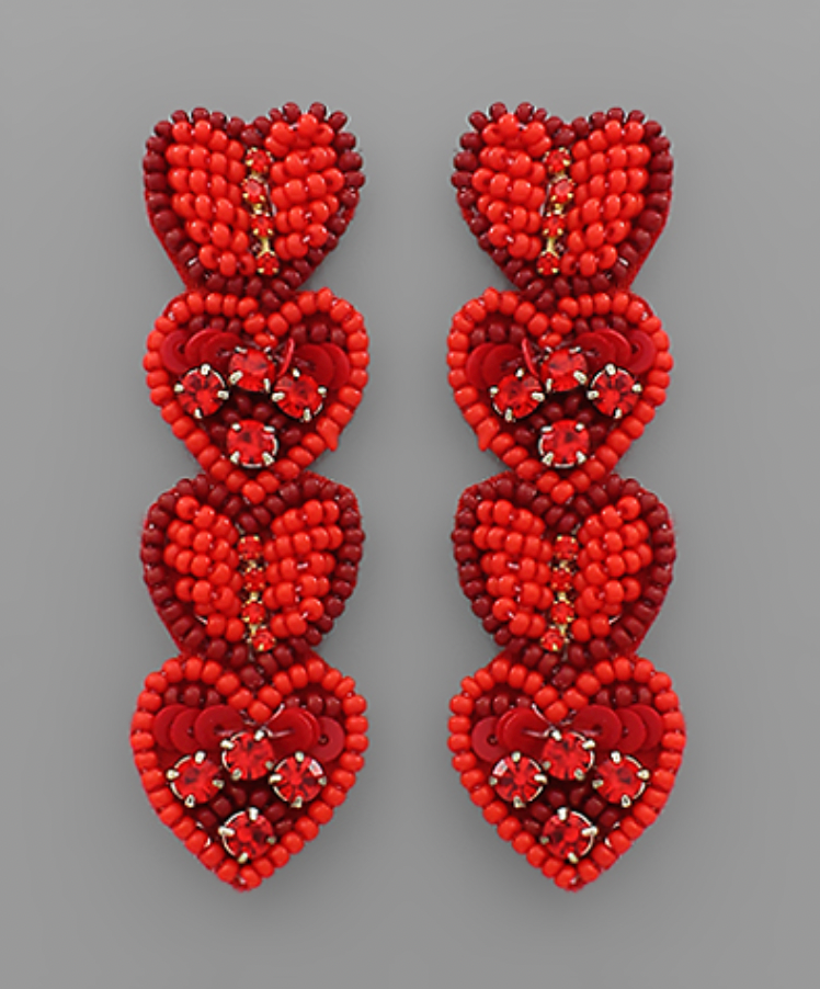 4 Beaded Heart Earrings - Red
