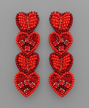 4 Beaded Heart Earrings - Red