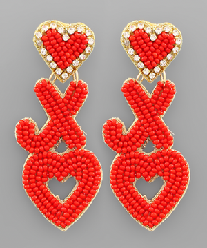 XO Heart Beads Earrings - Red