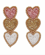 3 Beaded Heart Earrings - Pink