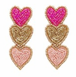 3 Beaded Heart Earrings - Fuchsia