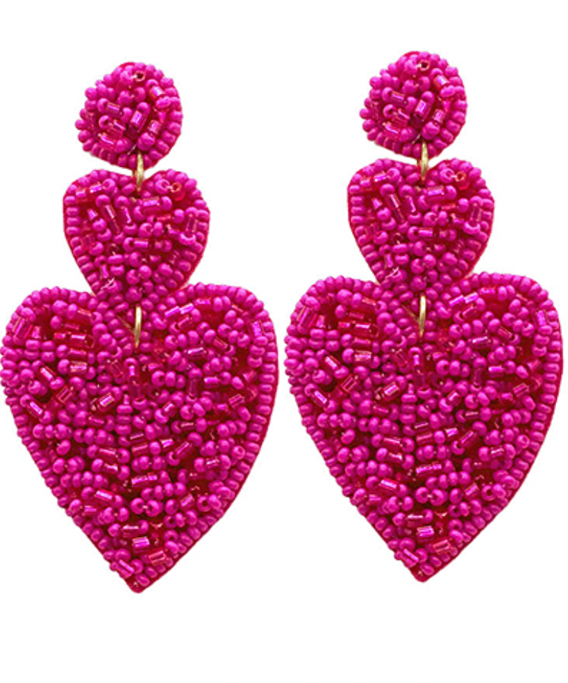 
            
                Load image into Gallery viewer, Beaded 2 Heart Earrings - Fuchsia
            
        