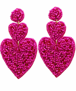 Beaded 2 Heart Earrings - Fuchsia