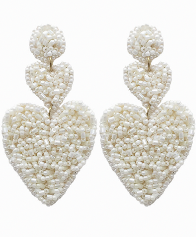 Beaded 2 Heart Earrings - Ivory