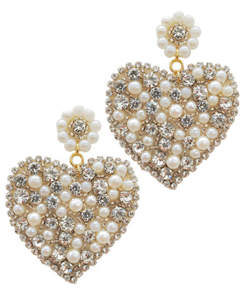 
            
                Load image into Gallery viewer, Beaded Crystal &amp;amp; Pearl Heart Earrings - Clear
            
        