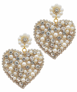 Beaded Crystal & Pearl Heart Earrings - Clear