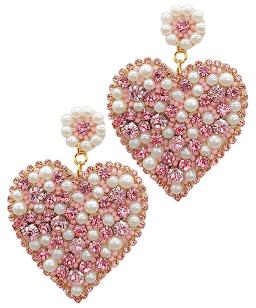 
            
                Load image into Gallery viewer, Beaded Crystal &amp;amp; Pearl Heart Earrings - Baby Pink
            
        