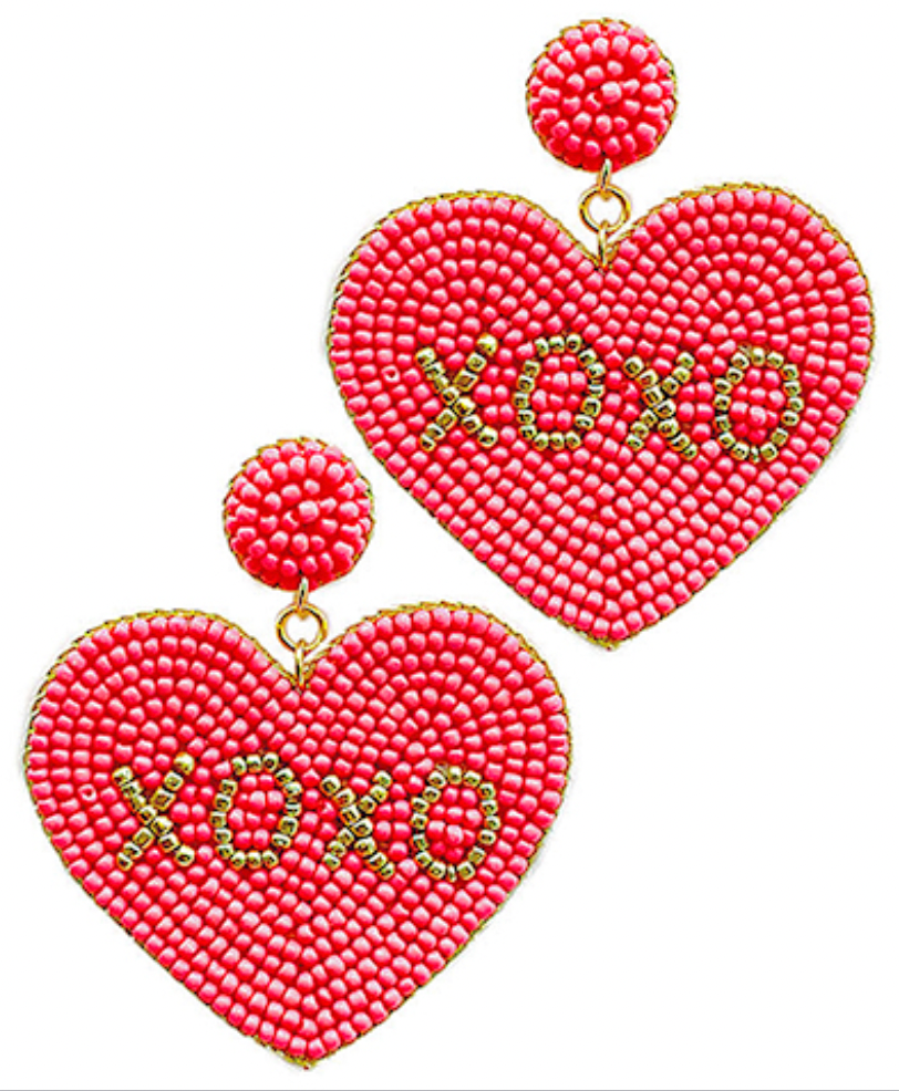 
            
                Load image into Gallery viewer, Beaded XOXO Heart Earrings - Neon Pink
            
        