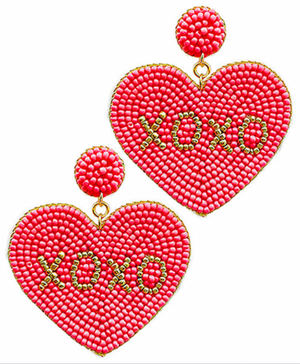 Beaded XOXO Heart Earrings - Neon Pink