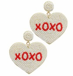 Beaded XOXO Heart Earrings - Ivory