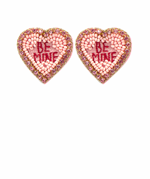 Beaded BE MINE Heart Stud Earrings - Pink