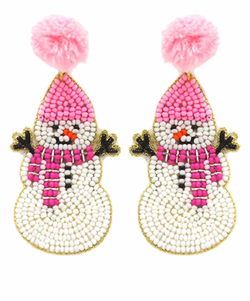 Snowman & PomPom Earrings - Pink