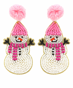 Snowman & PomPom Earrings - Pink