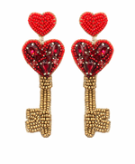 Heart Key Beads Drop Earrings - Red