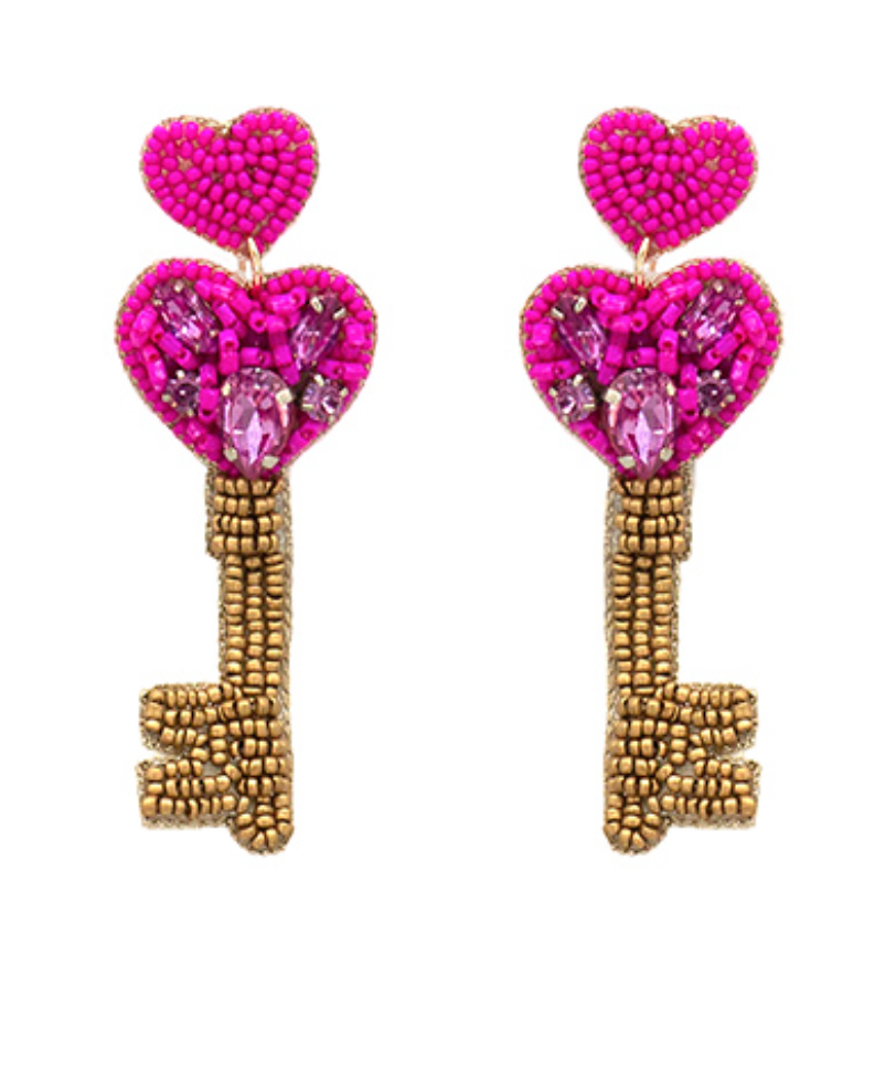 
            
                Load image into Gallery viewer, Heart Key Beads Drop Earrings - Fuchsia
            
        