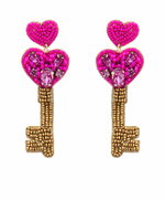 Heart Key Beads Drop Earrings - Fuchsia