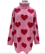 Pink Sweater Tunic with Red Hearts and Pearls