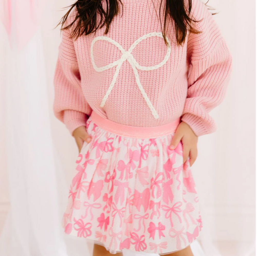 Girls Bow Yarn Knit Sweater - Light Pink