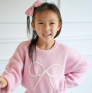 Girls Bow Yarn Knit Sweater - Light Pink