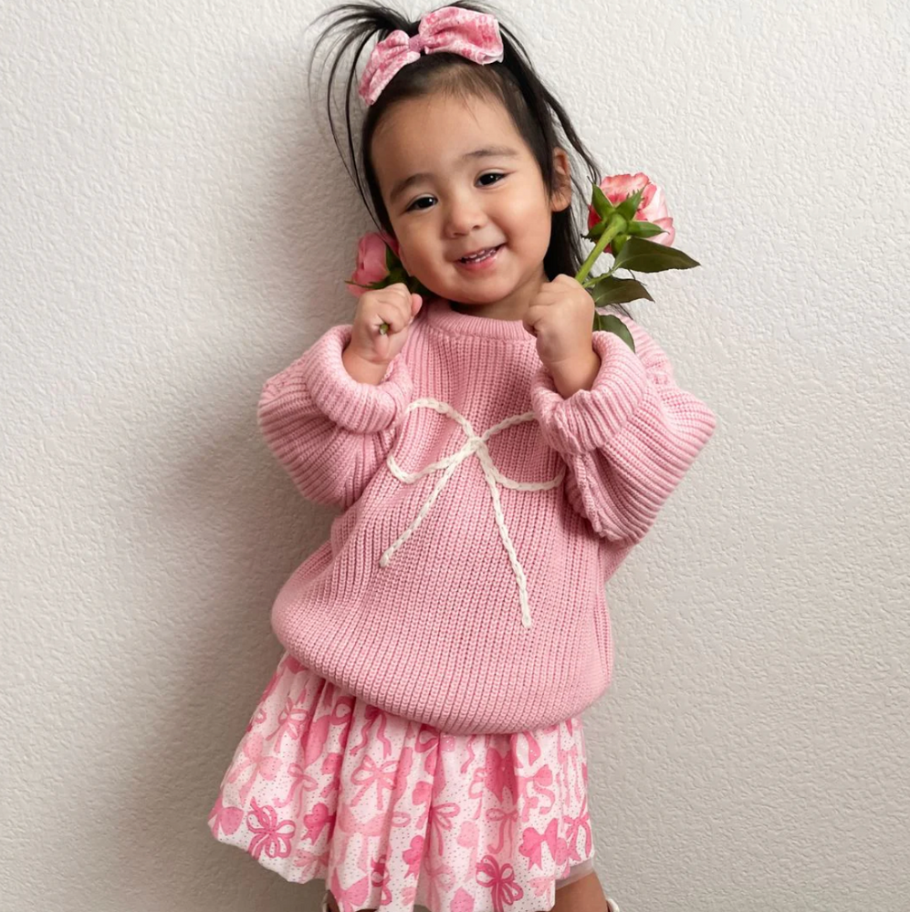 Girls Bow Yarn Knit Sweater - Light Pink