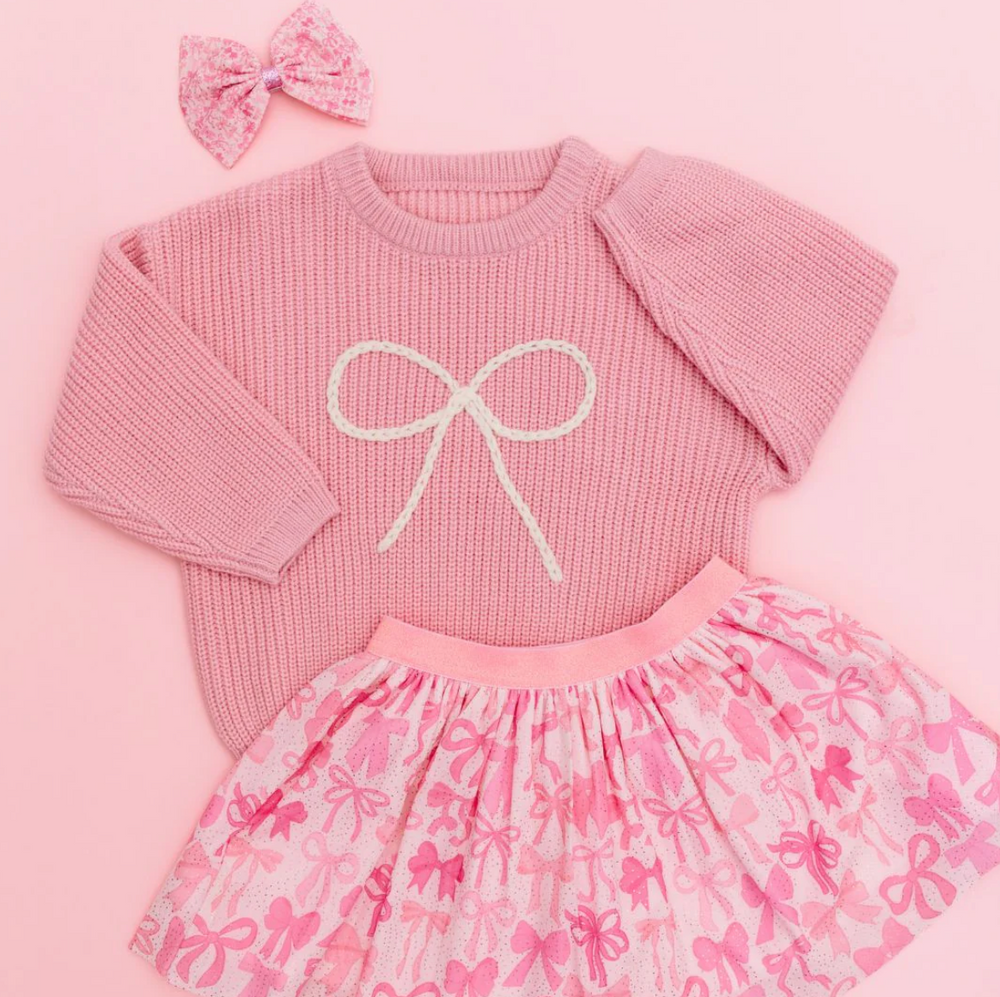 Girls Bow Yarn Knit Sweater - Light Pink