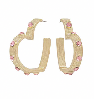 Crystal Station Brushed Heart Hoops - Pink/Worn Gold