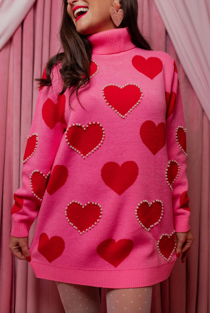 Pink Sweater Tunic with Red Hearts and Pearls