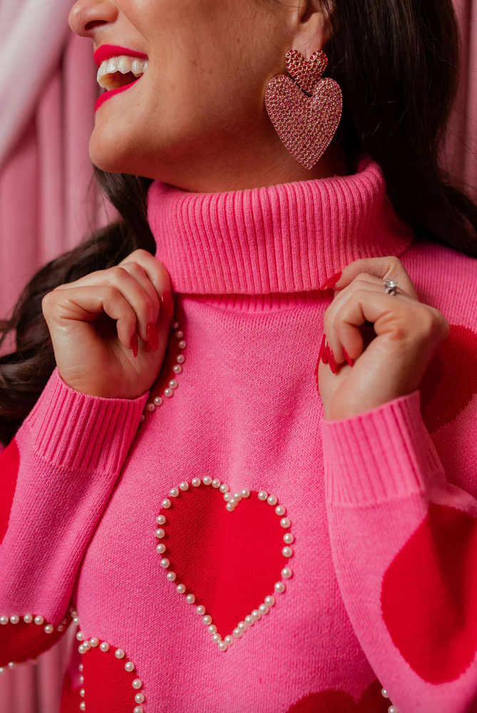 Pink Sweater Tunic with Red Hearts and Pearls